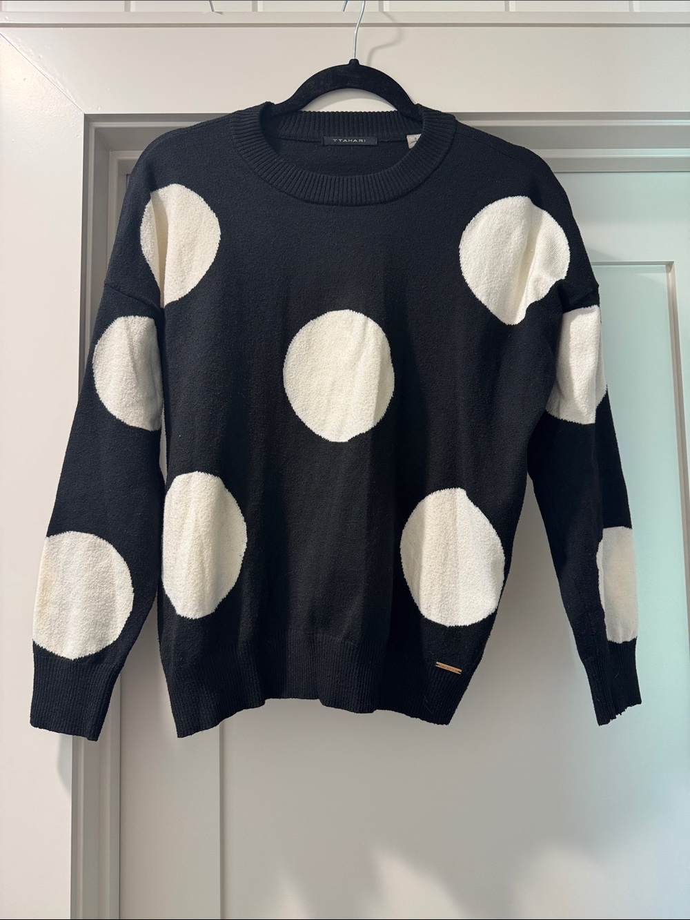 T Tahari Black Crewneck Sweater with White Polka Dots